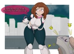 ashamed big_breasts blush bribe bribery brown_eyes brown_hair city convinced curvy dark_skin female hero_outfit_(mha) holding_breast kissy_face looking_aside money my_hero_academia night night_sky ochako_uraraka outdoors pov skintight_bodysuit snakebd thick_thighs uravity wide_hips yen