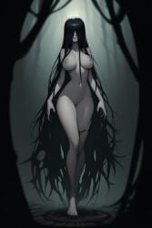 1girls ai_generated black_hair breasts feet female female_only ghost_girl hair_covering_eyes long_hair nipplesnavel nude pussy solo the_ring toes very_long_hair yamamura_sadako yokai