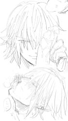 bishonen blush cock_on_face cock_worship deepthroat elezen elf_ears face_closeup fellatio ffxiv gay haurchefant_greystone male_focus precum pubic_hair sketch sketch_page sucking_penis yaoi