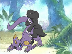 agumon blackagumon blue_eyes claws digimon female forest from_behind hatiimiga male monodramon sex tree wood