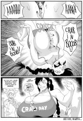 1girls between_breasts black_and_white breasts crab female harorlood huge_breasts marina_(harorlood) speech_bubble squeezing_breasts text