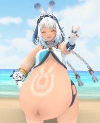 1girls beach belly belly_button big_belly body_markings breasts fat fat_woman female female_focus female_only genshin_impact hi_res hoyoverse hyper_belly koholasaurus_(species) large_breasts long_hair mihoyo mihoyo_technology_(shanghai)_co._ltd. mualani_(genshin_impact) nah solo solo_female solo_focus tan tan-skinned_female tanned_skin white_hair