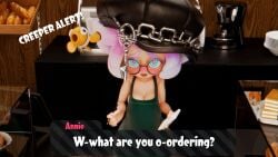 3d annie_(splatoon) apron apron_only dialogue elasado55055 embarrassed female hat huge_breasts meme moe_(splatoon) pink_hair splatoon splatoon_3 starbucks talking_to_viewer