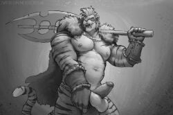 2024 abs absurd_res anthro areola axe balls barazoku barbarian battle_axe biceps big_balls big_muscles big_penis bottomwear bottomwear_aside cape claws clothed clothing clothing_aside deltoids ear_piercing ear_ring erection fangs felid fingerless_gloves fur genitals glans gloves grey_background greyscale hair handwear hi_res holding_object holding_weapon huge_muscles humanoid_genitalia humanoid_penis jewelry loincloth loincloth_aside male mammal manly mask melee_weapon mickey_the_retriever monochrome muscular muscular_anthro muscular_male navel necklace nipples open_mouth open_smile pecs pendant penis piercing prehistoric_species presenting presenting_penis ring_piercing saber-toothed_tiger sabertooth_(anatomy) simple_background smile solo standing teeth text topless topless_anthro topless_male tuft url weapon