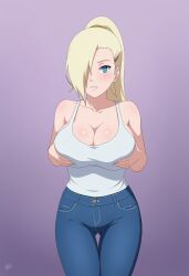 1girls ai_generated arms_on_breasts big_breasts blonde_hair blue_eyes civitai female female_only grabbing_own_breast hair_over_one_eye human ino_yamanaka jeans large_breasts long_hair naruto naruto_(series) naruto_shippuden ponytail solo tank_top tanktop