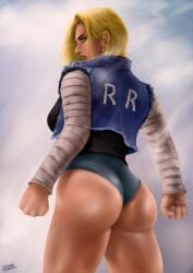 android_18 ass blonde_hair blue_eyes breasts clenched_hands clothing denim denim_jacket dragon_ball earrings female female female_only from_behind huge_ass jacket jewelry large_ass large_breasts looking_at_viewer looking_back nose short_hair solo standing thick_thighs thighs torn_clothes vest wtparadise