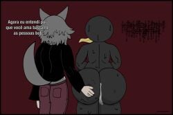 absurd_res anthro ass big_butt black_body bob_(slap_battles) bodily_fluids canid canine canon_x_oc clothing cum cum_in_ass cum_inside duo english_text fur genital_fluids goo_creature grey_body grey_fur grey_tail hand_on_butt hi_res humanoid male mammal monster portuguese_text roblox samuca_(vincizinho) slap_battles tail text thick_thighs tongue vincikkkk vincizinho_(artist)