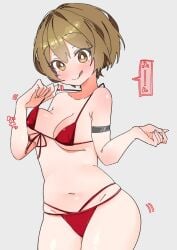 ass belly belly_button bikini brown_hair meiko meiko_(vocaloid) red_bikini thick_thighs thighs tongue uruti_2388 vocaloid wide_hips