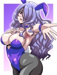 :d alternate_costume armband armpits bare_arms breasts bunny_ears bunny_girl bunnysuit camilla_(fire_emblem) choker cleavage fire_emblem fire_emblem_fates gradient_background hair_over_one_eye hand_on_own_chest inabakun00 leotard long_hair looking_at_viewer medium_breasts nail_polish nintendo pantyhose pink_eyes purple_background purple_hair purple_nails reaching_out reaching_towards_viewer simple_background smile thighs very_long_hair