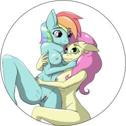 2girls anthro anthro_on_anthro breasts breasts_out cuddling cute duo fluttershy_(mlp) green_eyes my_little_pony my_little_pony my_little_pony_equestria_girls my_little_pony_friendship_is_magic perky_breasts pink_eyes pink_hair rainbow_dash_(mlp) rainbow_hair romantic unseenbehaviour vagina