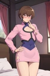 1boy ai_generated androgynous brown_hair chris_(king_of_fighters) crossdressing crossplay femboy femboy_focus finger_to_mouth genderswap_(ftm) jacket king_of_fighters miniskirt pink_outfit rule_63 shermie_(cosplay) shermie_(kof) short_hair snk trap yaoi