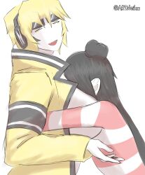 2girls arity_winner_(artneika) artneika_(artist) bee bee_girl black_hair blonde_hair coat eyeliner hana_(jaf_lol) headphones hugging hugging_breasts large_breasts long_hair milf red_eyes red_stripes rule_63 sharp_teeth short_hair sunglasses sunglasses_on_forehead sunglasses_on_head yellow_sclera