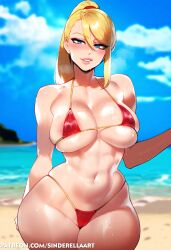 1girls ai_generated ass beach big_ass big_breasts big_butt bikini bimbo breasts female huge_breasts large_ass large_breasts metroid nintendo samus_aran sinderellaart