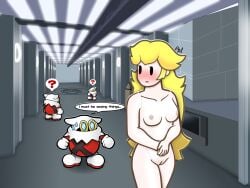 1girls ambiguous_gender blonde_hair blush exhibitionism female hallway hands_together long_hair mario_(series) nervous_sweat nipples nude paper_mario paper_mario:_the_thousand-year_door paper_peach paper_peach_invisible_intermission princess_peach pussy question_mark speech_bubble walking x-nauts