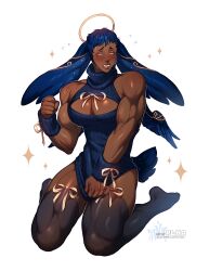 ambush_(trap) big_pecs blue_hair blush bottomless bottomless_male dark-skinned_femboy dark-skinned_male freckles freckles_on_face halo lagomorph_humanoid male male_cleavage muscular_femboy muscular_male orange_eyes plna rabbit_ears ribbons scut_tail short_tail small_wings solo solo_male stockings tail virgin_killer_sweater wings