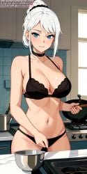 ai_generated ai_hands anime anime_style black_bra black_panties black_underwear blue_eyes breasts choker female female_human female_only girl girls only_female only_girl soli_sketch white_hair