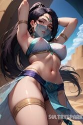 1female 1females 1girls 1woman ai_generated artist_name black_hair breasts breasts brown_eyes character desert female female female futarush girl harem harem_girl harem_outfit long_hair looking_at_viewer medium_breasts nipples patreon patreon_username ponytail riot_games sage_(valorant) sand sexy sexy_pose sultryspark valorant video_game video_games