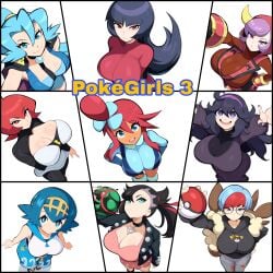 9girls ai_generated alternate_breast_size big_breasts black_hair blue_eyes blue_hair clair_(pokemon) cleavage collage courtney_(pokemon) dark-skinned_female dark_skin female female_only from_above hex_maniac high-angle_view human lana_(pokemon) large_breasts light-skinned_female light_skin marnie_(pokemon) mars_(pokemon) mullon multiple_girls novelai penny_(pokemon) poke_ball pokemon pokemon_bw pokemon_dppt pokemon_frlg pokemon_gsc pokemon_hgss pokemon_oras pokemon_rgby pokemon_rse pokemon_sm pokemon_ss pokemon_sv pokemon_xy purple_hair red_hair sabrina_(pokemon) skyla_(pokemon) smile team_galactic