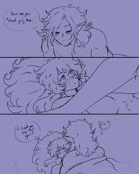 3koma blush comic couple cute demon demon_boy dragon_ball dragon_ball_heroes dragon_ball_xenoverse english_text freckles fu_(dragon_ball) good_girl in_bed large_breasts maki_asabi_(peridoxikal) medium_hair muscular_male no_glasses notice_lines oc oc_x_canon original_character praise_kink purple_background speech_bubble starry_eyes straight tiddydoxikal toned_female