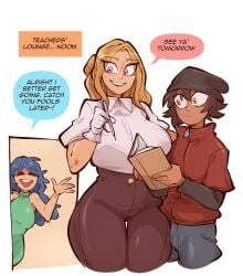 1boy 2024 2d 2girls before_sex curvy dark-skinned_male hourglass_figure light-skinned_female max_gilman_(saucymojo) original_character saucymojo size_difference smaller_male speech_bubble tagme tatiana_arkwright_(saucymojo) teacher teacher_and_student younger_male