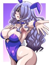 :d alternate_costume armband armpits bare_arms bare_thighs breasts bunny_ears bunny_girl bunnysuit camilla_(fire_emblem) choker cleavage fire_emblem fire_emblem_fates gradient_background hair_over_one_eye hand_on_own_chest inabakun00 leotard long_hair looking_at_viewer medium_breasts nail_polish nintendo pink_eyes purple_background purple_hair purple_nails reaching_out reaching_towards_viewer simple_background smile very_long_hair
