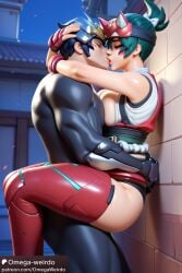 ai_generated deep_kissing embracing green_hair headband kiriko_(overwatch) kissing overwatch patreon pressing_breasts thighhighs wall_sex