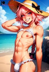 1boy ai_generated astolfo_(fate) beach bikini bulge bulge_through_clothing fate_(series) femboy flat_chest ilfb looking_at_viewer panties pink_hair standing trap