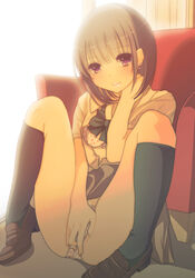 black_legwear bra brown_hair chair clothed_masturbation clothing curtains earrings female heart heart_bra heart_earrings heart_panties heart_print highres jewelry kneehighs looking_at_viewer masturbation mole mole_under_eye original panties print_panties purple_eyes school_uniform shadow shiori_(moechin) shoes skirt smile solo spread_legs underwear