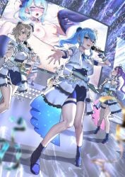 5girls aqua_sash asymmetrical_sleeves bare_shoulders blonde_hair blue_corset blush bow bow_skirt breasts color_coordination corset crinoline gloves half-skirt hat highres holoforce hololive hololive_gen_0 hololive_gen_2 hololive_idol_uniform_(bright) hololive_japan holox hoshimachi_suisei idol idol_clothes kazama_iroha large_bow large_breasts layered_skirt long_hair mini_hat mishima_psycho multiple_girls navel nipples nude official_alternate_costume oozora_subaru open_mouth overskirt sakamata_chloe sash_bow sex short_hair skirt stage straight striped_sash sweat thighhighs tokoyami_towa two-sided_fabric two-sided_skirt uneven_sleeves vaginal_penetration virtual_youtuber waist_bow