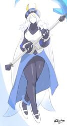 artneika_(artist) beret blue_eyes curvaceous curvy dress fur_coat gloves grown_up large_breasts mature_female parfait_(smash_legends) queen royalty scythe smash_legends snow_queen thick_thighs tight_clothing white_background white_hair wide_hips