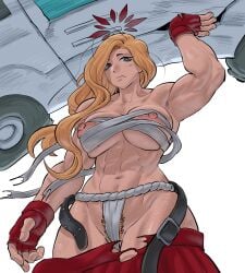 abs akemi_(blue_archive) biceps blonde_hair blue_archive breasts chest_sarashi crossed_belts delinquent female female_pubic_hair fingerless_gloves fluffy_hair fundoshi gloves halo heppari highres japanese_clothes large_breasts long_hair looking_at_viewer mole mole_under_eye muscular muscular_female navel nipple_slip nipples pubic_hair pubic_hair_peek red_gloves red_halo red_skirt sarashi simple_background skirt solo sukeban white_background