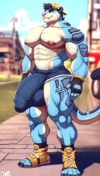 ai_generated anthro backwards_baseball_cap balls barely_contained big_balls big_butt big_muscles big_penis black_hair blue_fur blurry_background bodybuilder erection feet felid fingerless_gloves fur hair huge_pecs humanoid_genitalia humanoid_penis male mammal multicolored_body multicolored_fur muscular muscular_arms muscular_legs muscular_male nai_diffusion nipple outdoors pan_(sxfpantera) pantherine penis pink_nipples portrait short_shorts snow_leopard solo standing tight_clothing tight_fit toeless_footwear veins white_body yellow_eyes