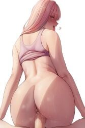 1boy 1girls anus ass ass_focus azur_lane bare_arms bare_shoulders blush bottomless bremerton_(azur_lane) cowgirl_position female from_behind happy_sex heart highres long_hair looking_at_viewer looking_back lvl_(sentrythe2310) mole mole_under_eye multicolored_hair open_mouth penis pink_eyes pink_hair pink_tank_top pov sex sex_from_behind sleeveless smile solo_focus straight streaked_hair tank_top uncensored vaginal_penetration