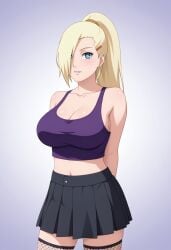 ai_generated arms_behind_back big_breasts blonde_hair blue_eyes civitai fishnets hair_over_one_eye ino_yamanaka large_breasts long_hair naruto naruto_(series) naruto_shippuden ponytail skirt stockings tank_top tanktop