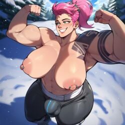 1futa ai_assisted ai_generated breasts bulge exposed_breasts exposed_torso female female_only flexing futanari green_eyes highres huge_breasts large_breasts large_penis muscles muscular muscular_female muscular_futanari nipple_piercing nipples overwatch overwatch_2 pants pierced_nipples pink_hair ponytail puffy_nipples scar snow tagme winter zarya zixxe