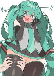 blush embarrassed grabbing_thighs hatsune_miku heart_tongue shocked squeeze squeezing squeezing_thigh thigh_grab uruti_2388 vocaloid