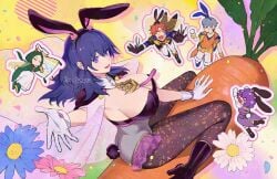 2girls 3boys alternate_costume ashe_ubert ass bernadetta_von_varley bernadetta_von_varley_(spring) big_ass blue_eyes breasts bunny_ears bunny_girl bunnysuit byleth_(fire_emblem) byleth_(fire_emblem)_(female) carrot chibi cleavage closed_eyes female female_focus fire_emblem fire_emblem:_three_houses fire_emblem_heroes gloves green_eyes green_hair grey_hair kneeling large_breasts leotard linhardt_von_hevring looking_at_viewer looking_back male medium_hair multiple_boys multiple_girls nintendo official_alternate_costume open_mouth orange_hair pants pantyhose purple_hair reaching_out riding short_hair sideboob sleeping smile solo_focus sylvain_jose_gautier teal_hair ushiomi