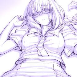 1girls boobs breasts female glasses haruchika lying_down magaki_ryouta monochrome narushima_miyoko only_female purple_theme sketch solo student tits