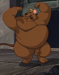 2024 an_american_tail anthro balls belly big_belly clothing don_bluth embearassing_art genitals hat headgear headwear hi_res male mammal moe_(an_american_tail) moobs murid murine overweight overweight_male penis rat rodent smoking solo