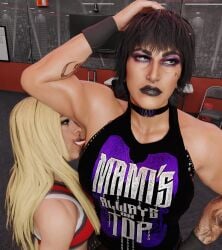 2girls 3d armpit_licking armpits black_hair blender_(software) blonde_hair clothed collar femdom goth_girl liv_morgan muscular_female rhea_ripley smelly_armpits stinky_armpits tattoos theblendertaper wwe