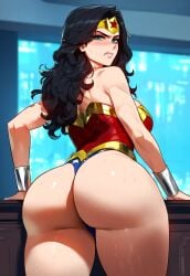 1girls ai_generated aqua_eyes ass ass_focus bangs bare_shoulders black_hair blue_eyes blush bracelet bracer breasts circlet clenched_teeth clothing crown curvaceous curvaceous_female curvaceous_figure curvy curvy_figure dc_comics diana_prince female female_focus female_only floxin from_behind headwear highleg highleg_leotard huge_ass impossible_bodysuit impossible_clothes jewelry justice_league large_ass large_breasts leotard long_hair looking_at_viewer looking_back makeup pawg presenting presenting_ass presenting_hindquarters solo star_(symbol) superheroine sweat teeth thick_thighs thighs tiara voluptuous voluptuous_female wonder_woman wonder_woman_(series)