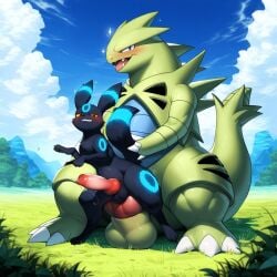 2males 2pokemon ai_generated anal anal_sex anatomically_correct anatomically_correct_genitalia animal_genitalia animal_penis anus balls blue_markings blush bodily_fluids canid canine canine_penis claws cloud detailed detailed_background detailed_fur director_firewolf duo eeveelution fangs feral feral_on_feral gay generation_2_pokemon genital_fluids genitals grass hi_res knot looking_at_viewer looking_pleasured male male/male male_focus male_only mammal markings novelai open_mouth outside paws penetration penis plant pokemon pokemon_(species) precum raised_tail sex shiny_pokemon sitting_on_ground size_difference spread_legs spreading stomach_bulge toe_claws tongue tyranitar umbreon