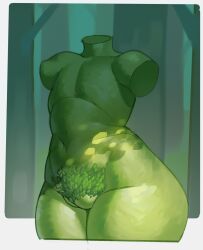 ass breasts carpet_matching_drapes female green_body green_pubes green_skin hair leaves pubic_hair solo statue tagme tree troppart