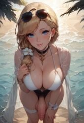 ai_generated azur_lane beach civitai flaccid flaccid_penis futanari futanari hand_on_breast hand_on_hip hood_(azur_lane) leaning_forward looking_at_viewer penis_cutout smile swimsuit