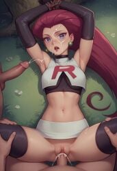 ai_generated cum gloves jessie_(pokemon) pokemon red_hair skirt sulophian team_rocket thighhighs