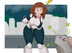 ! big_breasts blush bribe bribery brown_eyes brown_hair city curvy dark_skin female hero_outfit_(mha) holding_breast looking_at_viewer money my_hero_academia night night_sky ochako_uraraka outdoors pov skintight_bodysuit snakebd sparkling_eyes suprised thick_thighs uravity wide_hips yen