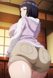 absurd_res ai_generated ass black_hair bob_cut boruto:_naruto_next_generations crispiiart hair hyuuga_hinata indoors kitchen large_ass large_breasts looking_back naruto naruto_(series) seductive_smile short shorts smile sweater thick_thighs upscaled white_eyes