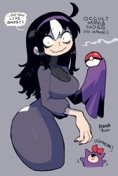 1girls absurd_res black_hair cosplay crap-man dialogue english_text female female_only grey_background hairband hex_maniac_(cosplay) light_blush long_hair looking_at_viewer nintendo noss_the_nosferatu_(crap-man) pokeball pokemon pokemon_ss smiling smiling_at_viewer solo speech_bubble talking_to_viewer vampire very_high_resolution wavy_mouth white_tuft