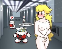 1girls ambiguous_gender blonde_hair blush exhibitionism female hallway hands_together long_hair mario_(series) nervous_sweat nipples nude paper_mario paper_mario:_the_thousand-year_door paper_peach paper_peach_invisible_intermission princess_peach pussy question_mark speech_bubble walking x-nauts