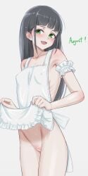 apron black_hair blunt_bangs blush bow breasts cleft_of_venus collarbone covered_nipples english_commentary english_text female frilled_apron frills green_eyes grey_background highres lifting_own_clothes long_hair mustee naked_apron open_mouth original paid_reward_available ribs sidelocks skinny small_breasts smile solo